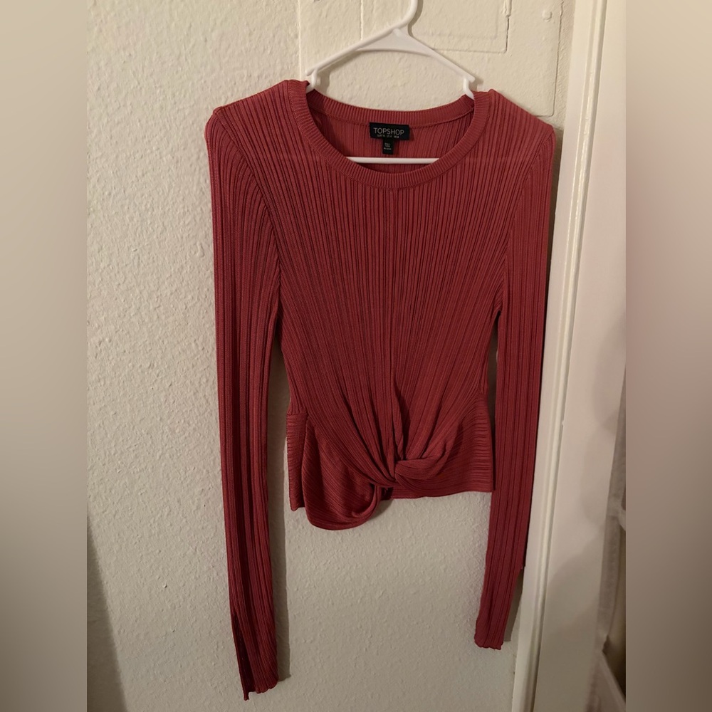 Topshop Ribbed Long Sleeve Top in Deep Red